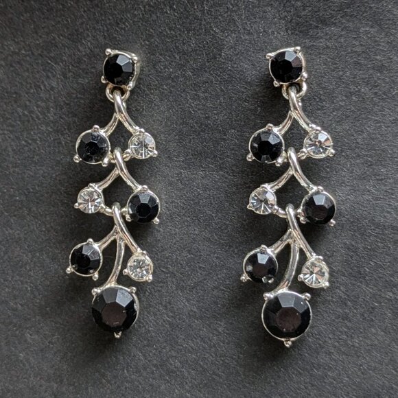 Vtg 90s Silver Plated Crystal Dangle Earrings Long Elegant Evening Formal Prom - Picture 2 of 3